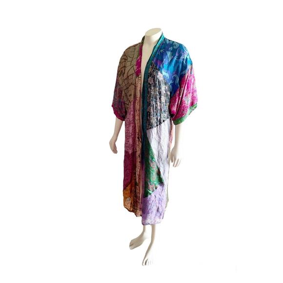 Sacred Threads Silk Kimono Robe Multicolor Patchwork Small - Picture 10 of 16